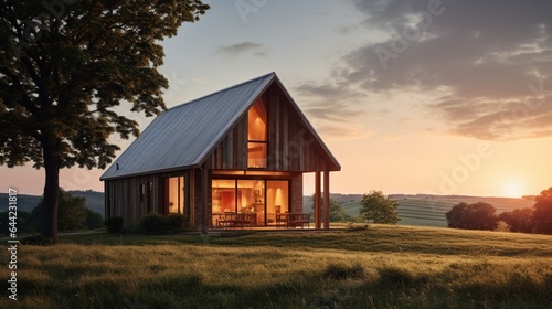 a picturesque barn converted into a cozy home, set against a backdrop of rolling hills 