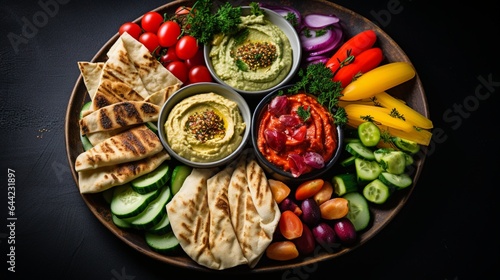 a platter of Mediterranean mezze, with hummus, falafel, pita bread, and a rainbow of vegetable dips