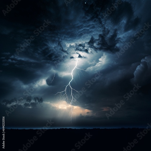 a serene and minimalist image of a thunderstorm in the distance, with lightning illuminating a tranquil night sky