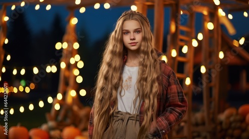 A teenage girl in long wavy hair and a red plaid shirt stands in a garden dressed up for Halloween © Artur