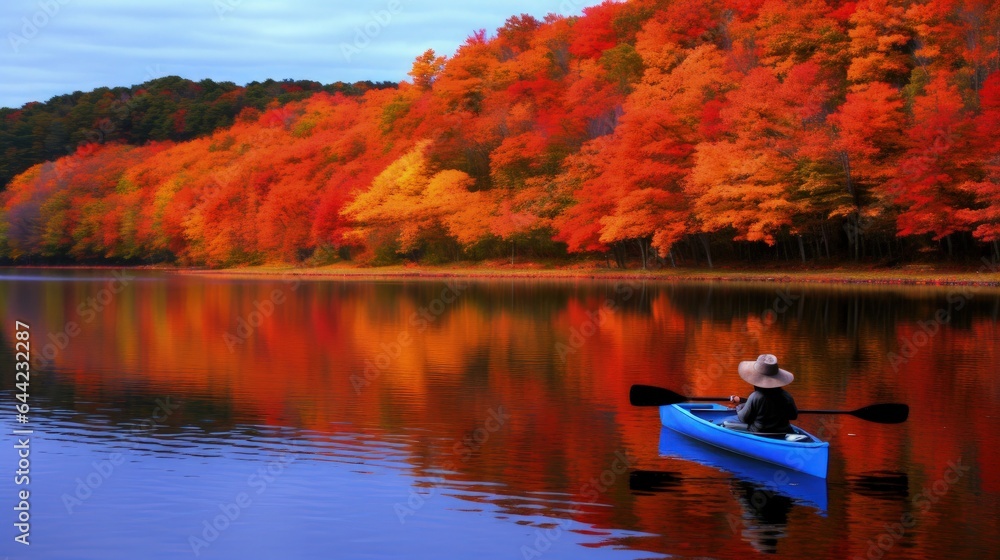 A person in a blue canoe enjoying the colorful autumn scenery on a serene lake