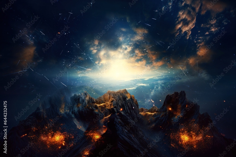 Background of the top of a mountain with clouds in the sky and a heavenly light way to salvation cover Generative AI Illustration Background of the top of a mountain with clouds in the sky and a heavenly light way to salvation cover Generative AI Illustration
