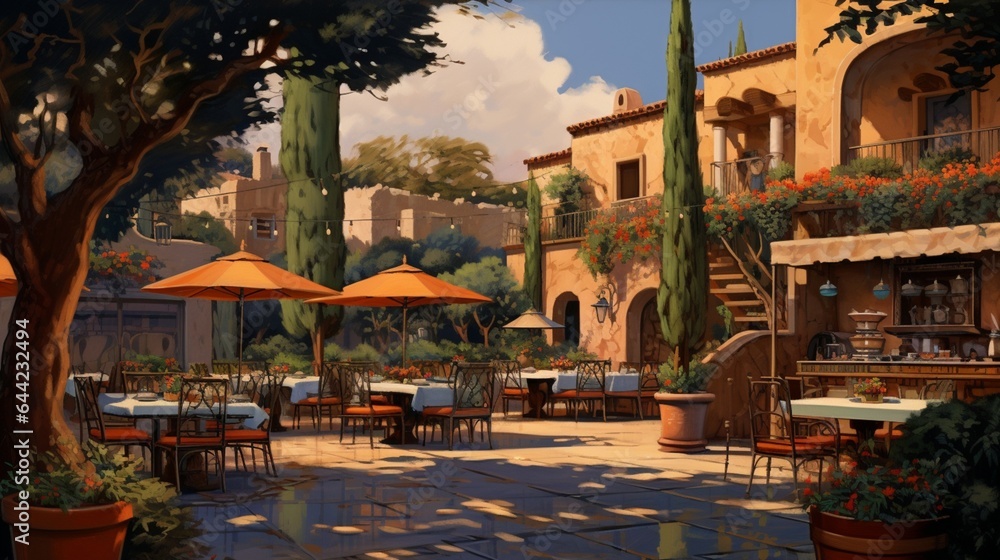 a serene scene of a Mediterranean restaurant patio, with terracotta tiles, olive trees, and diners enjoying tapas under the stars