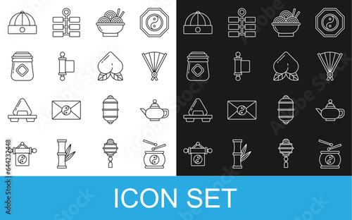 Set line Chinese drum, tea ceremony, Paper chinese folding fan, Asian noodles bowl, Decree, paper, parchment, scroll, Jar of honey, hat and Peach fruit icon. Vector