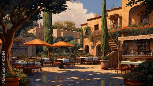 a serene scene of a Mediterranean restaurant patio, with terracotta tiles, olive trees, and diners enjoying tapas under the stars © Muhammad