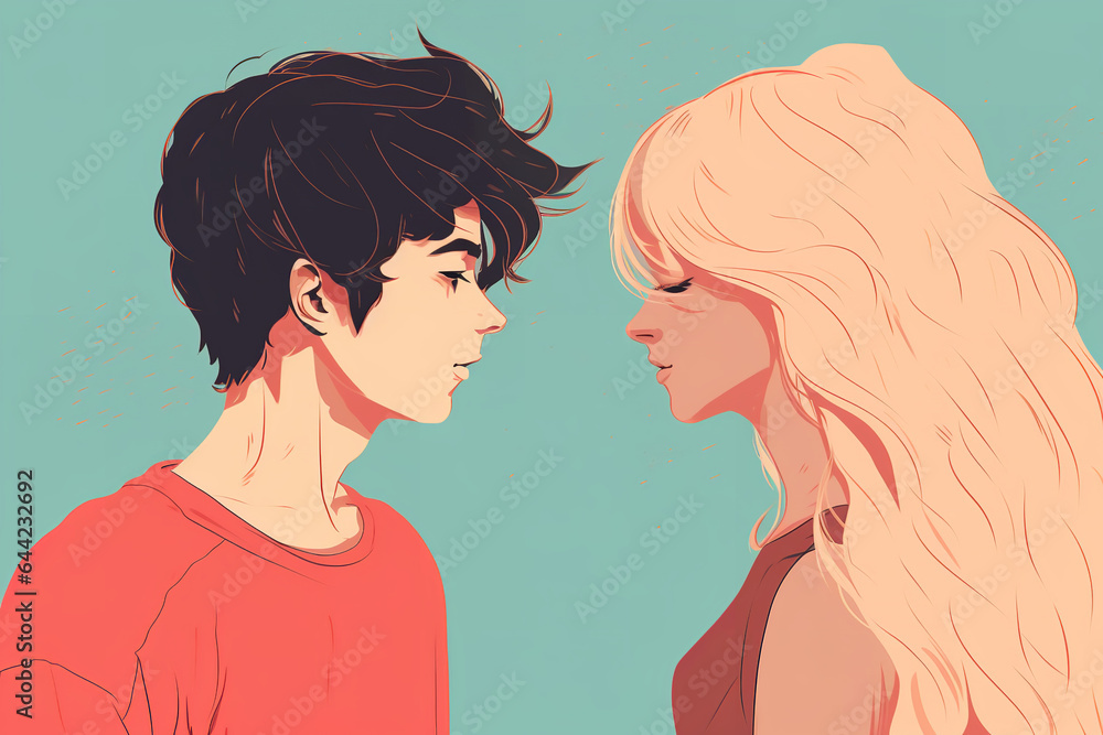 cartoons explaining why you should be together, in the style of minimalistic color palette, light cyan and pink, candid portraiture cartoons explaining why you should be together, in the style of minimalistic color palette, light cyan and pink, candid portraiture