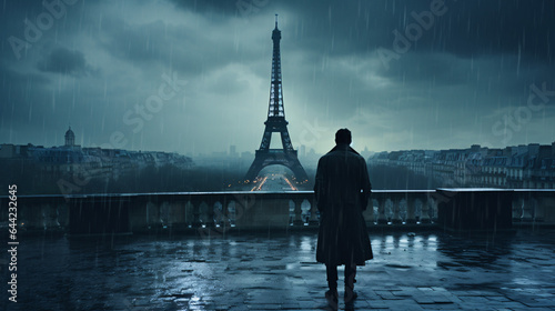 Cinematic view of a man with jacket looking to the eiffel tower in Paris from a blacony terrase during a dark cloudy and rainy night. Apocalyptic view.