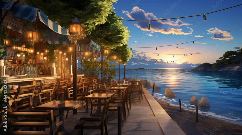 a serene scene of a waterfront restaurant by the ocean, with outdoor seating