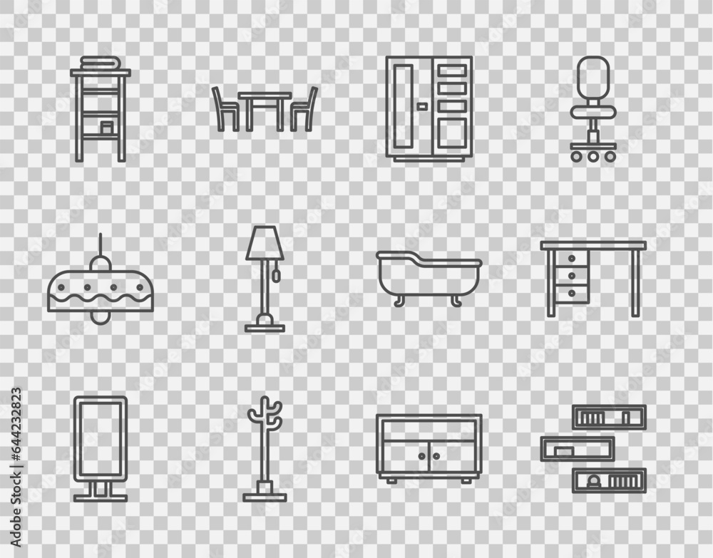 Set line Big full length mirror, Shelf with books, Wardrobe, Coat stand, Bathroom rack shelves for towels, Floor lamp, Chest of drawers and Office desk icon. Vector Set line Big full length mirror, Shelf with books, Wardrobe, Coat stand, Bathroom rack shelves for towels, Floor lamp, Chest of drawers and Office desk icon. Vector