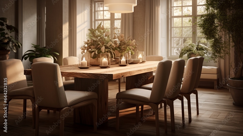 a serene scene of a well-designed dining room with a large wooden table, stylish chairs, and soft ambient lighting