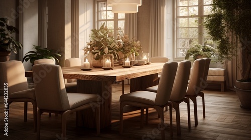 a serene scene of a well-designed dining room with a large wooden table  stylish chairs  and soft ambient lighting