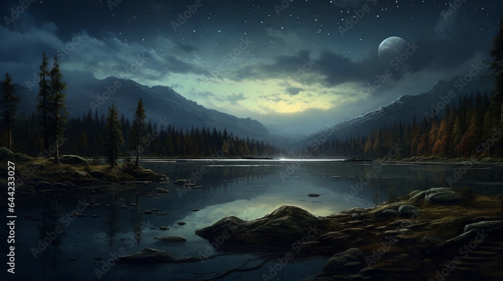 a serene scene of the night sky over a tranquil lake