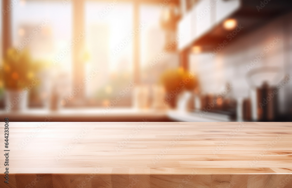 Blurred abstract background. Modern kitchen with wooden worktop and space to display or mount your products Blurred abstract background. Modern kitchen with wooden worktop and space to display or mount your products