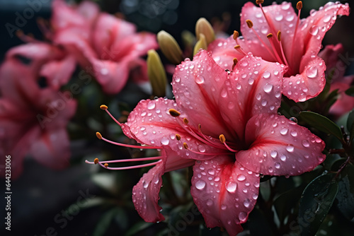 pink flowers with rain drops on top  in the style of dark yellow and dark orange  photo-realistic landscapes  dark red and light indigo   hyper-realistic water  dark themes