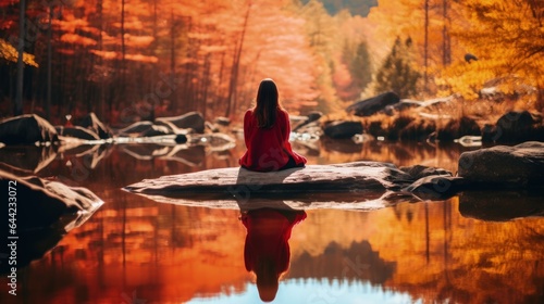 A woman in red sits calmly on a rock in the forest in front of a body of water. Reflection in the water.