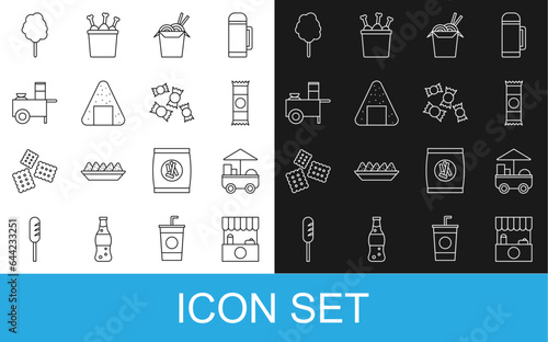 Set line Street stall with awning, Fast street food cart, Chocolate bar, Asian noodles and chopsticks, Onigiri, Cotton candy and Candy icon. Vector