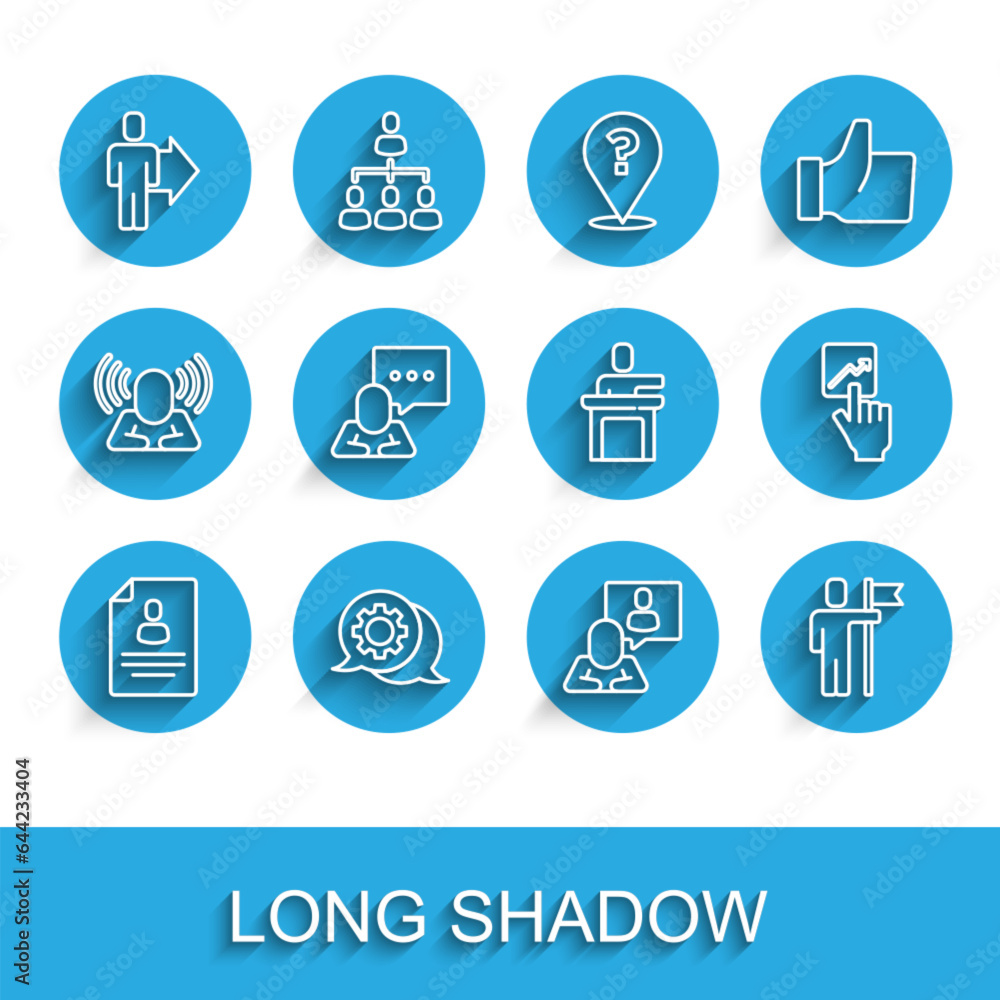 Set line Resume, Speech bubble chat, Team leader, Head hunting, and Speaker icon. Vector Set line Resume, Speech bubble chat, Team leader, Head hunting, and Speaker icon. Vector