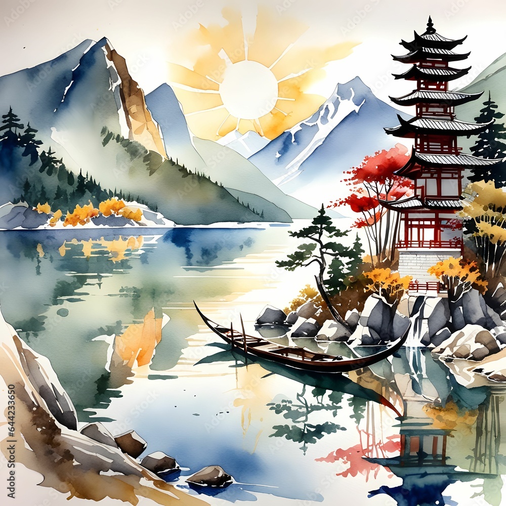 Asian Temple, sunny day and boat on lake