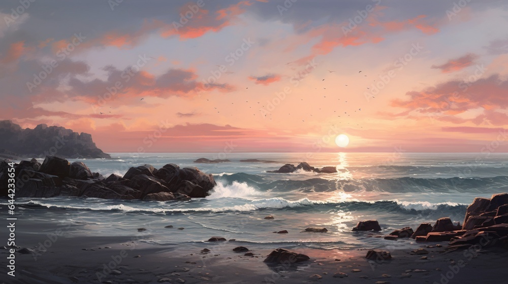Create an elegant composition of a tranquil coastal scene, with gentle waves lapping against smooth pebbles and a peaceful horizon