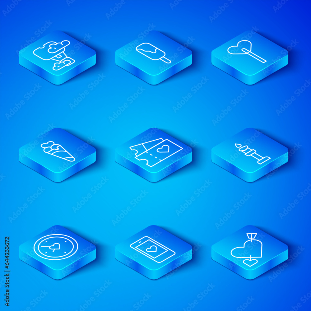 Set line Clock with heart, Love ticket, Mobile, Burning candle, Lollipop, Ice cream waffle cone, Romantic hot air balloon and Amour arrow icon. Vector Set line Clock with heart, Love ticket, Mobile, Burning candle, Lollipop, Ice cream waffle cone, Romantic hot air balloon and Amour arrow icon. Vector