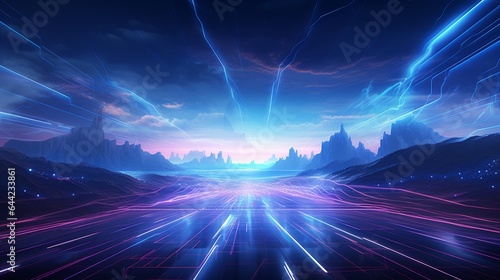 Create an elegant composition of an abstract digital landscape with futuristic elements, glowing lines, and a sense of depth