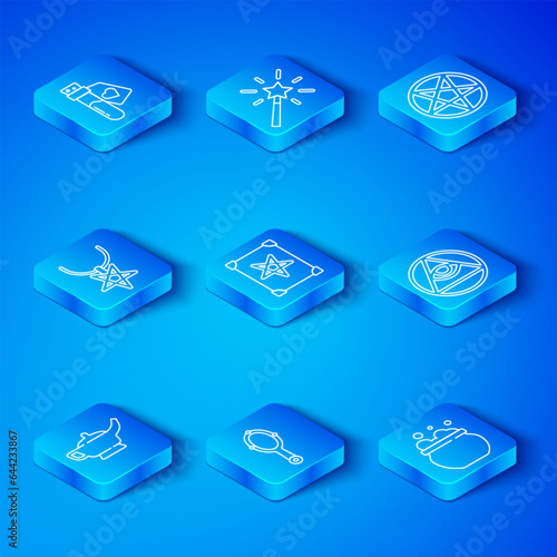 Set line Magic lamp or Aladdin, Ancient magic book, hand mirror, Masons, Pentagram circle, necklace, Bottle with love potion and Witch cauldron icon. Vector