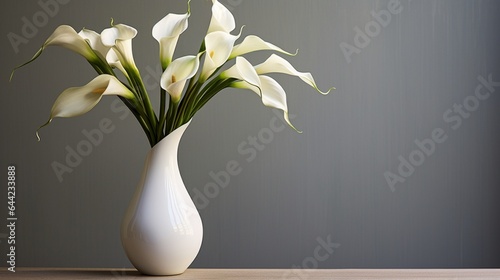 Create an elegant composition featuring a bouquet of white calla lilies, exuding purity and grace in their simple yet striking form © Muhammad