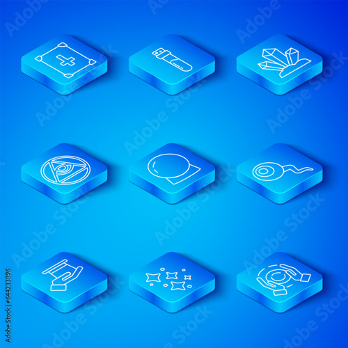 Set line Magician hat in hand, ball, Sparkle stars with magic, Eye, stone, Masons, Ancient book and icon. Vector