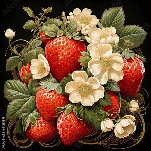 Strawberries and berries flowers fabric design