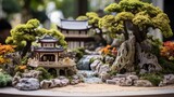 Create an inviting display of a peaceful monastery garden with a central courtyard, Zen rock garden, and bonsai trees in full bloom