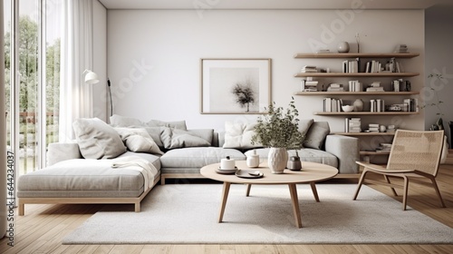 Create an inviting display of a Scandinavian-inspired living room with clean lines, neutral tones, and cozy textiles