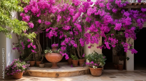 Create an inviting display of a Mediterranean courtyard filled with bougainvillea, geraniums, and terracotta pots overflowing with blooms
