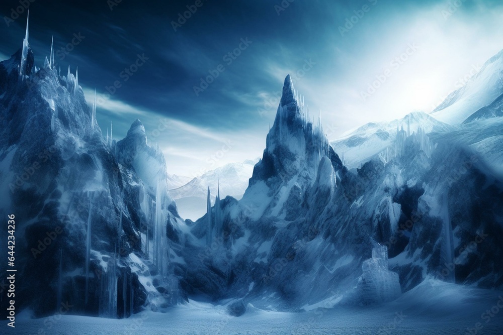 A frozen fantasy landscape with an ice wall portraying a dark winter mountain view, symbolizing the end of the world. Generative AI