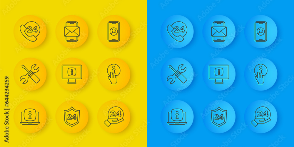 Set line Laptop with information, Screwdriver and wrench spanner, Monitor, Telephone 24 hours support, Information, and Mobile envelope icon. Vector Set line Laptop with information, Screwdriver and wrench spanner, Monitor, Telephone 24 hours support, Information, and Mobile envelope icon. Vector