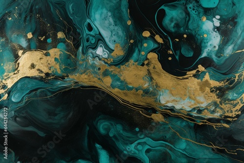Teal and black abstract artwork featuring marble swirls, agate ripples, organic texture, and golden glitter. Generative AI