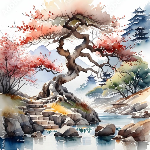Asian Cherry Blossom Tree and Temple, watercolor