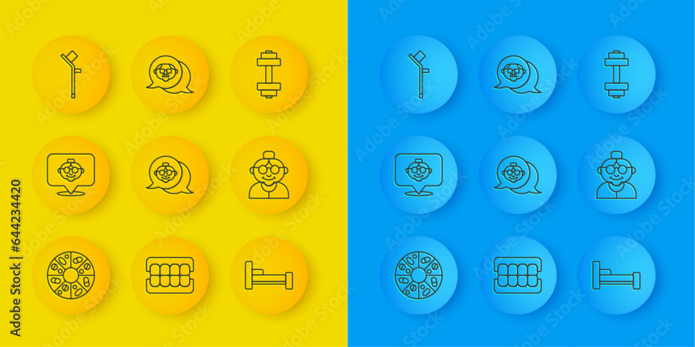 Set line Vitamin pill, Grandmother, Bed, Crutch or crutches, Dumbbell and Grandfather icon. Vector Set line Vitamin pill, Grandmother, Bed, Crutch or crutches, Dumbbell and Grandfather icon. Vector