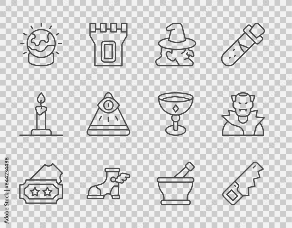 Fototapeta premium Set line Ticket, Hand saw, Witch, Hermes sandal, Magic ball, Masons, Mortar pestle and Vampire icon. Vector