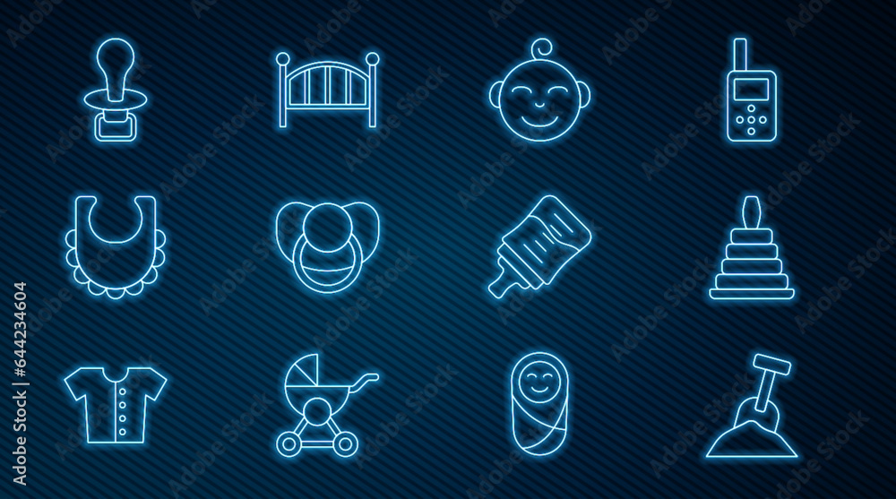 Set line Sandbox with sand and shovel, Pyramid toy, Little boy head, Baby dummy pacifier, bib, bottle and crib cradle bed icon. Vector Set line Sandbox with sand and shovel, Pyramid toy, Little boy head, Baby dummy pacifier, bib, bottle and crib cradle bed icon. Vector