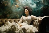 Woman in a dress lying on a sofa, cloud over her head, relax on the couch, melancholia and loneliness, daydreaming