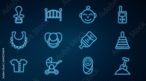 Set line Sandbox with sand and shovel, Pyramid toy, Little boy head, Baby dummy pacifier, bib, bottle and crib cradle bed icon. Vector