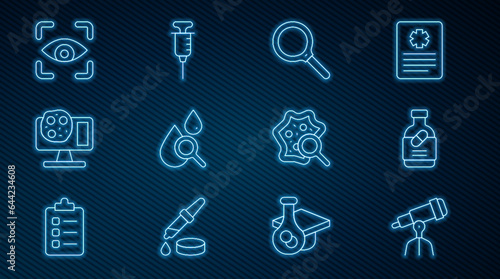 Set line Telescope  Medicine bottle and pills  Magnifying glass  Drop magnifying  Genetic engineering  Eye scan  Microorganisms under magnifier and Syringe icon. Vector