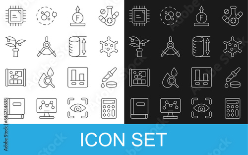 Set line Calculator, Pipette, Virus, Force of physic formula, Drawing compass, Plant breeding, Processor CPU and Height geometrical figure icon. Vector
