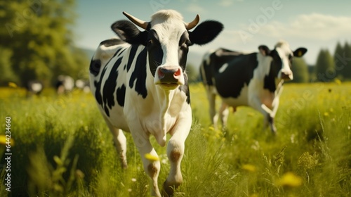 Dairy cow walks in the fresh green grass 
