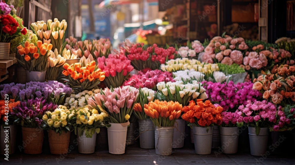 Design a composition that captures the beauty of a flower market, with rows of fresh blooms in an array of colors and varieties