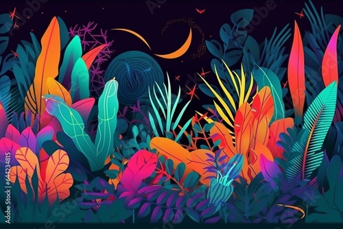Colorful tropical paradise wallpaper with vibrant plants, neon-inspired abstract designs and illustrated backdrop. Generative AI