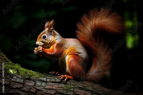 Obraz Red Japanese lis squirrel sitting sideways, holding hazel nut in front paws and eating from it. Tail up. Isolated on white background. Generative AI