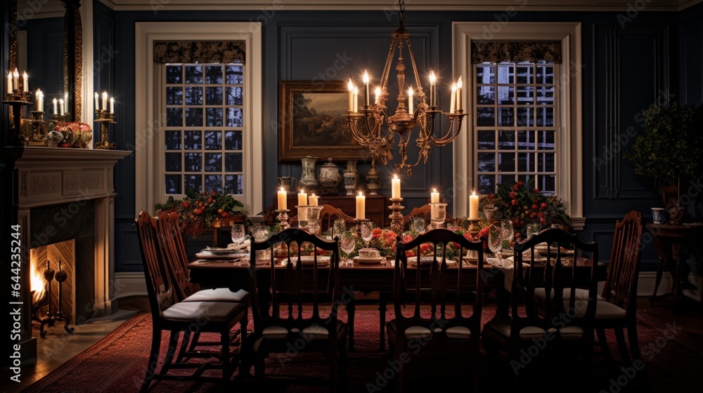 Design a composition that showcases the timeless beauty of a colonial-style dining room with antique furniture and candlelit ambiance