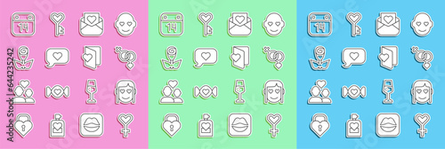 Set line Female gender symbol, Romantic girl, Gender, Envelope with Valentine heart, Heart speech bubble, Flower rose, Calendar February 14 and Valentines day flyer icon. Vector