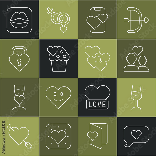 Set line Heart in speech bubble, Glass of champagne, Lover couple, Dating app online mobile, Wedding cake, Castle the shape heart, Smiling lips and icon. Vector